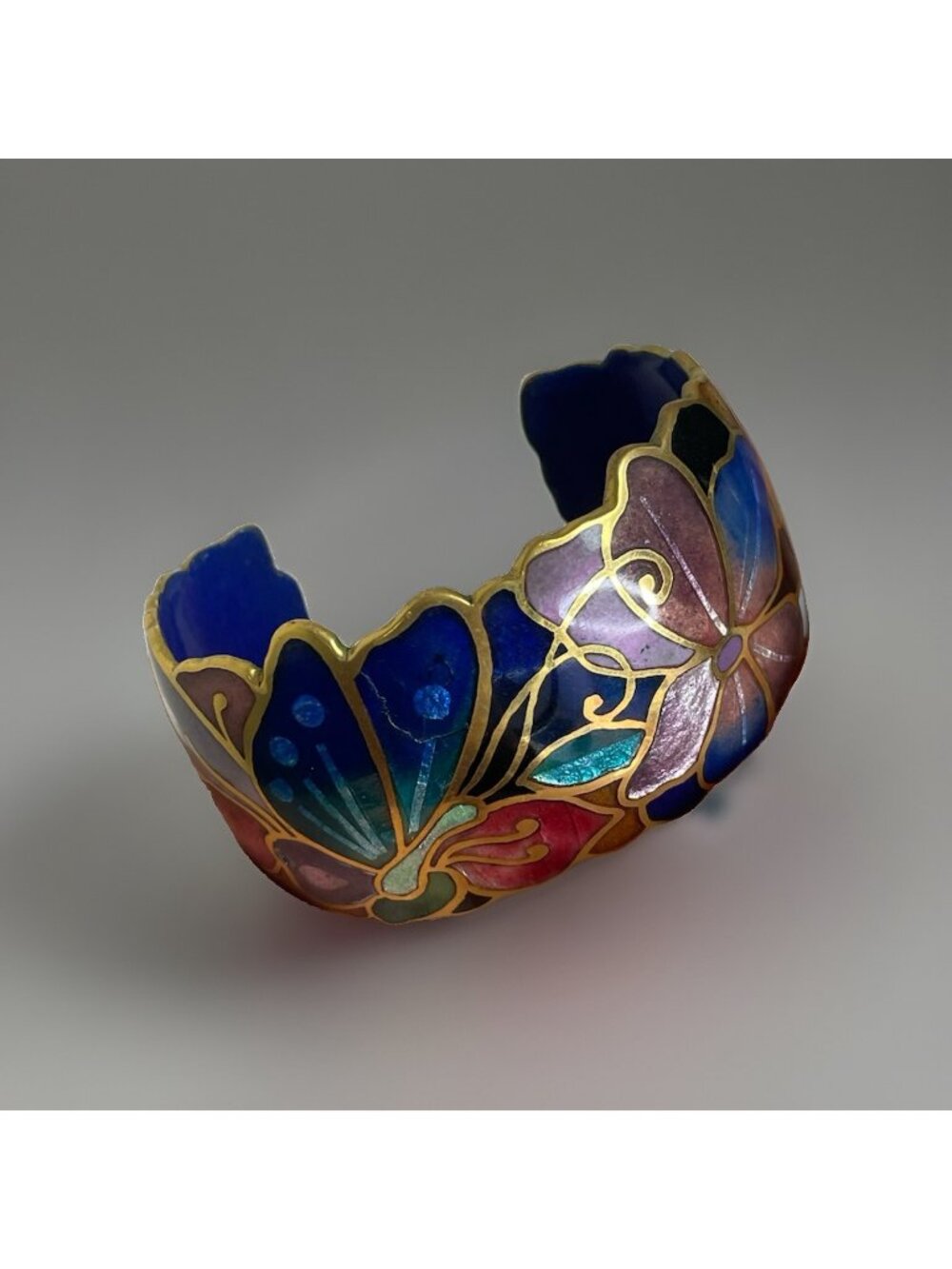 READ Vtg Signed David Kuo Champleve Enamel Cuff Bracelet Flower Butterfly